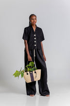 Bolso Iraca Cuero Pequeño Crudo Negro